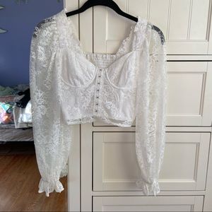 For Love & Lemons White Lace Cropped Corset Top, Size Small Long Sleeve